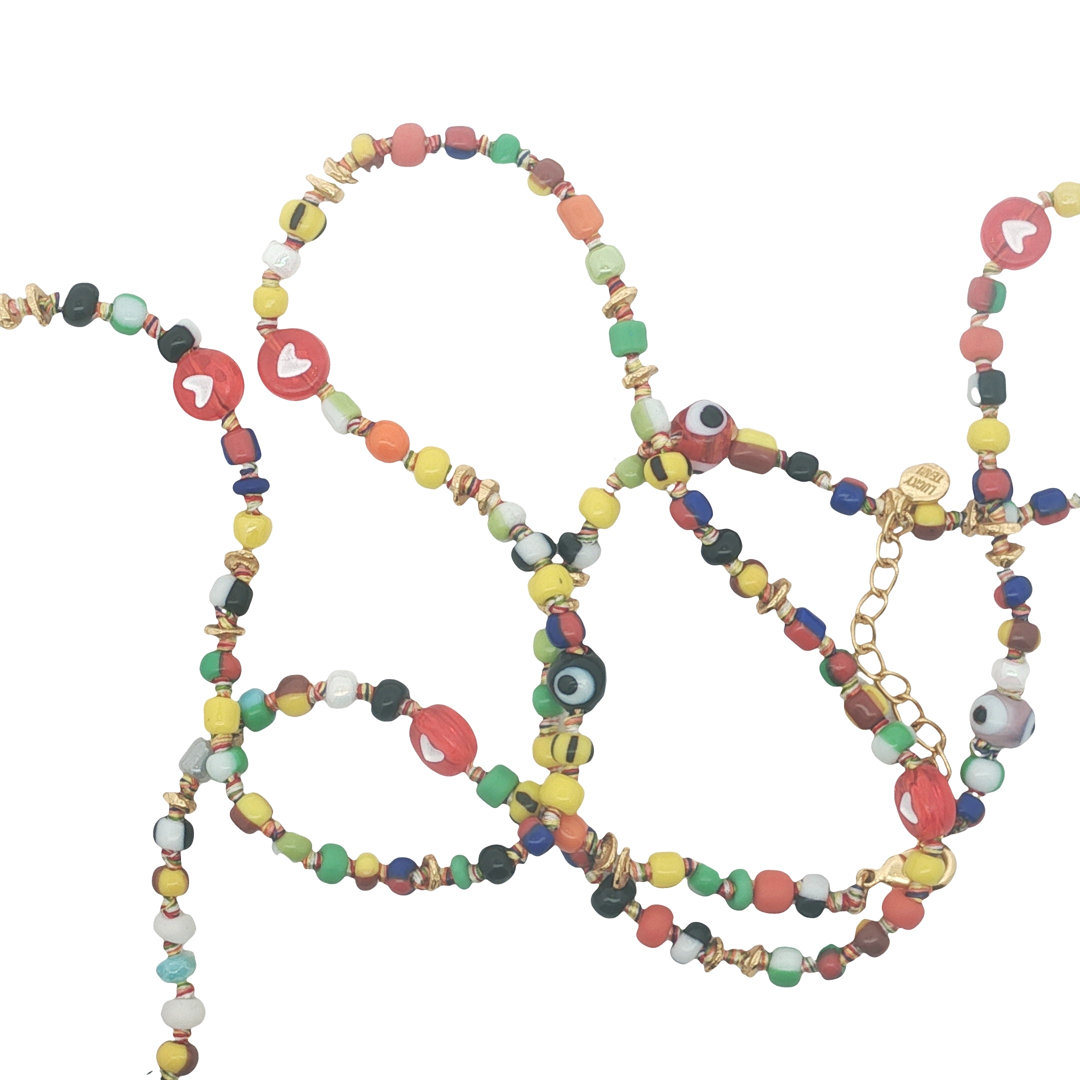 Collier doré perles colorées, oeil et disques dorés 75 cm