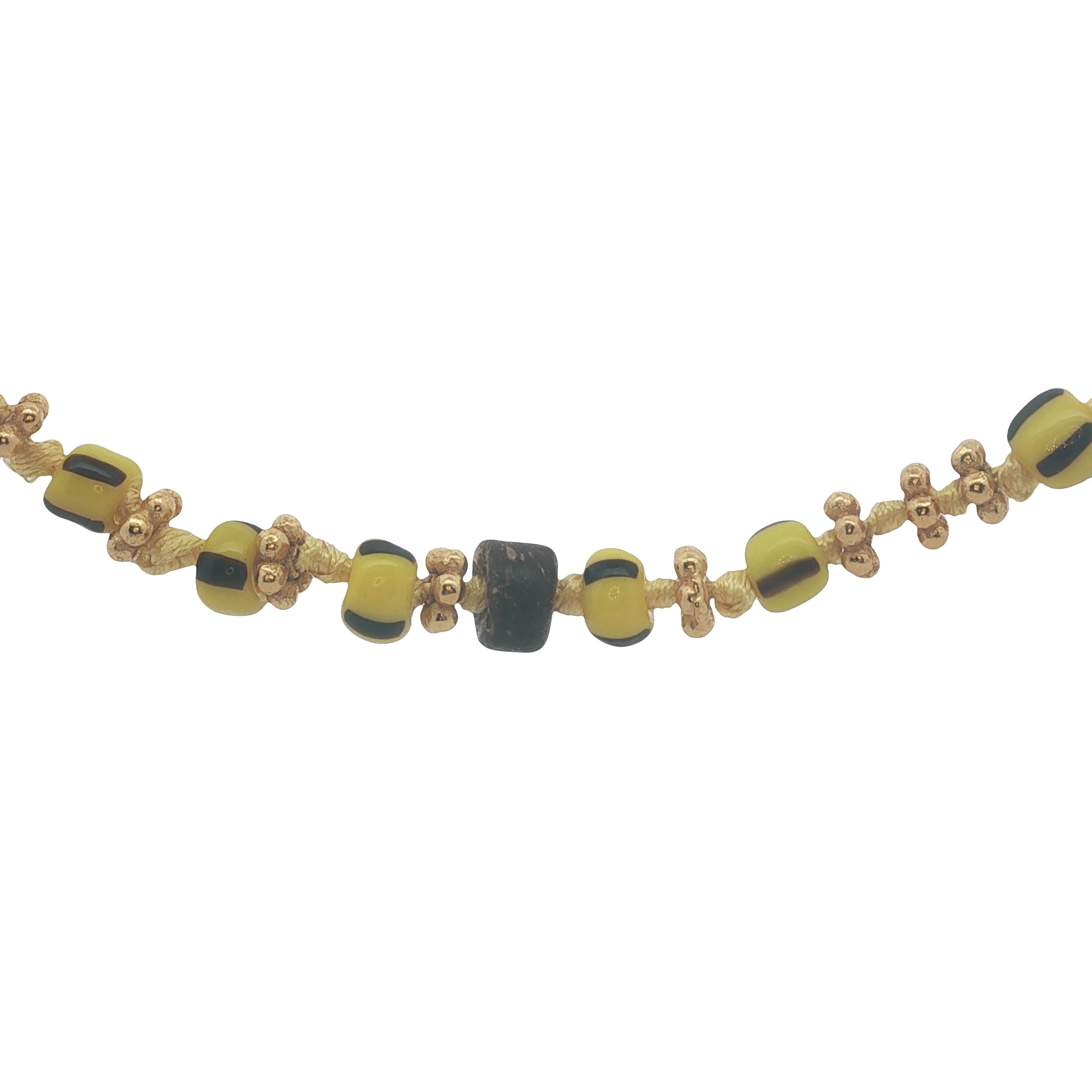 Collier doré avec perles jaunes, perles en bois, couronnes dorées 75 cm