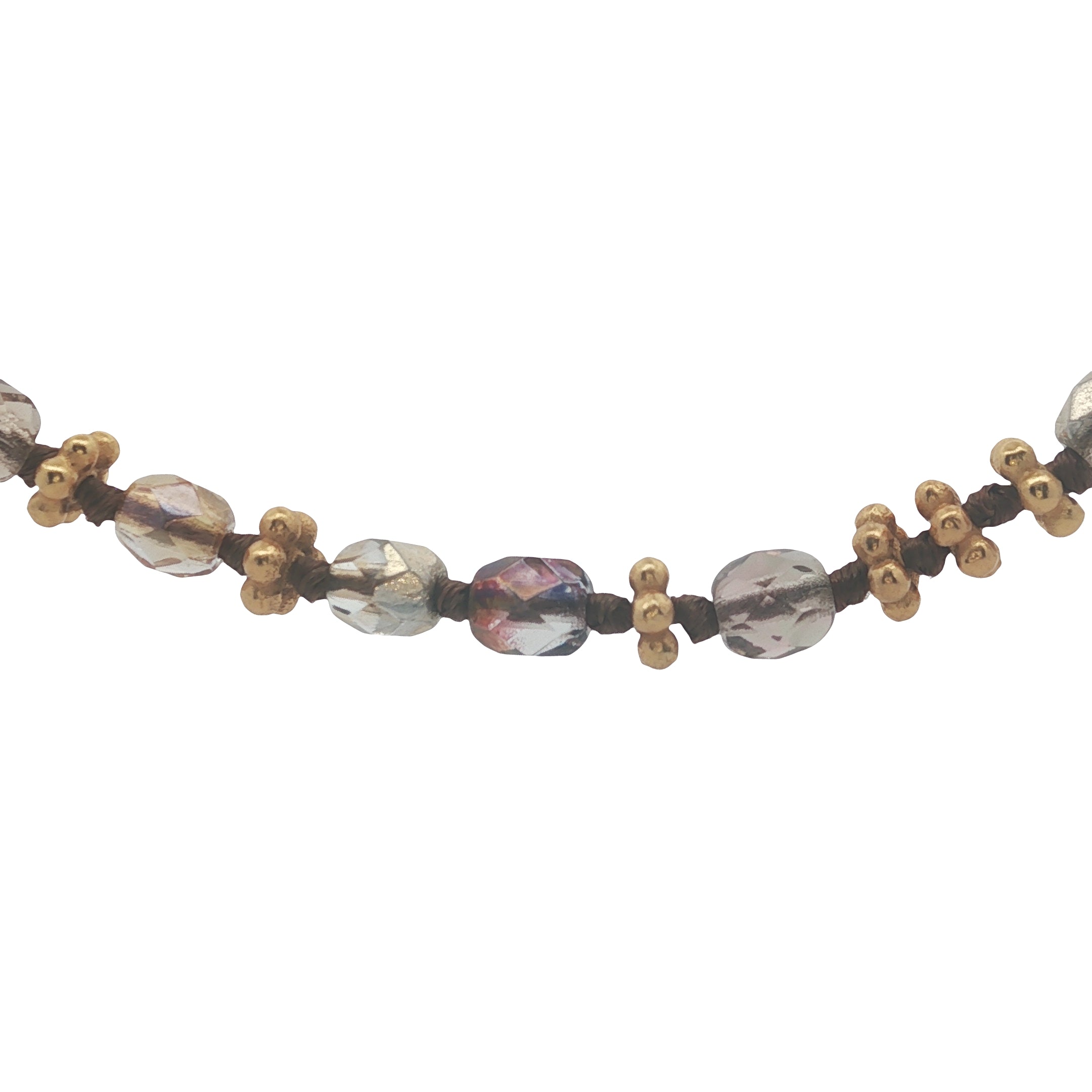 Collier doré perles marrons, couronnes dorées et noeuds marrons 75 cm