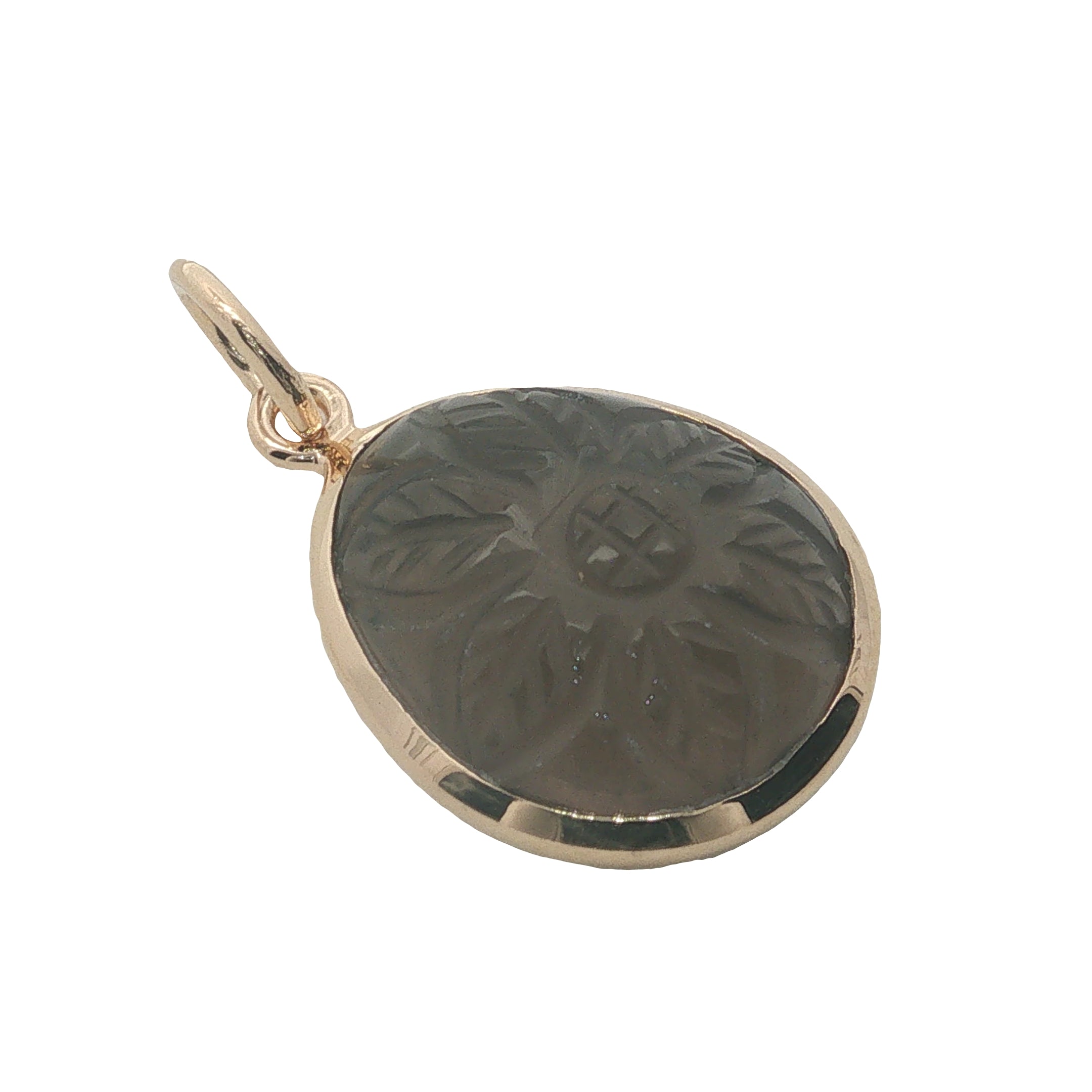 Charms doré quartz fumé cerclé de doré avec fleur gravée