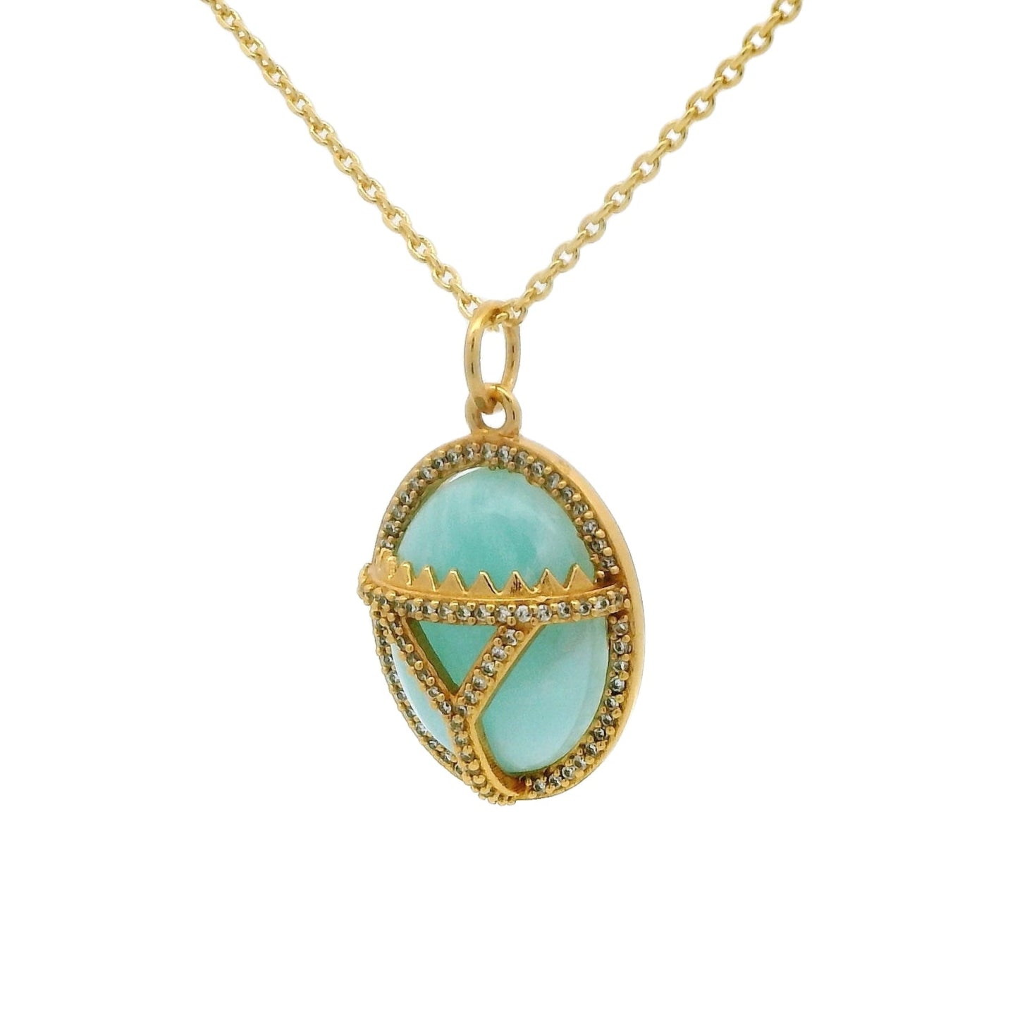 Collier doré scarabée amazonite zircons 42 cm