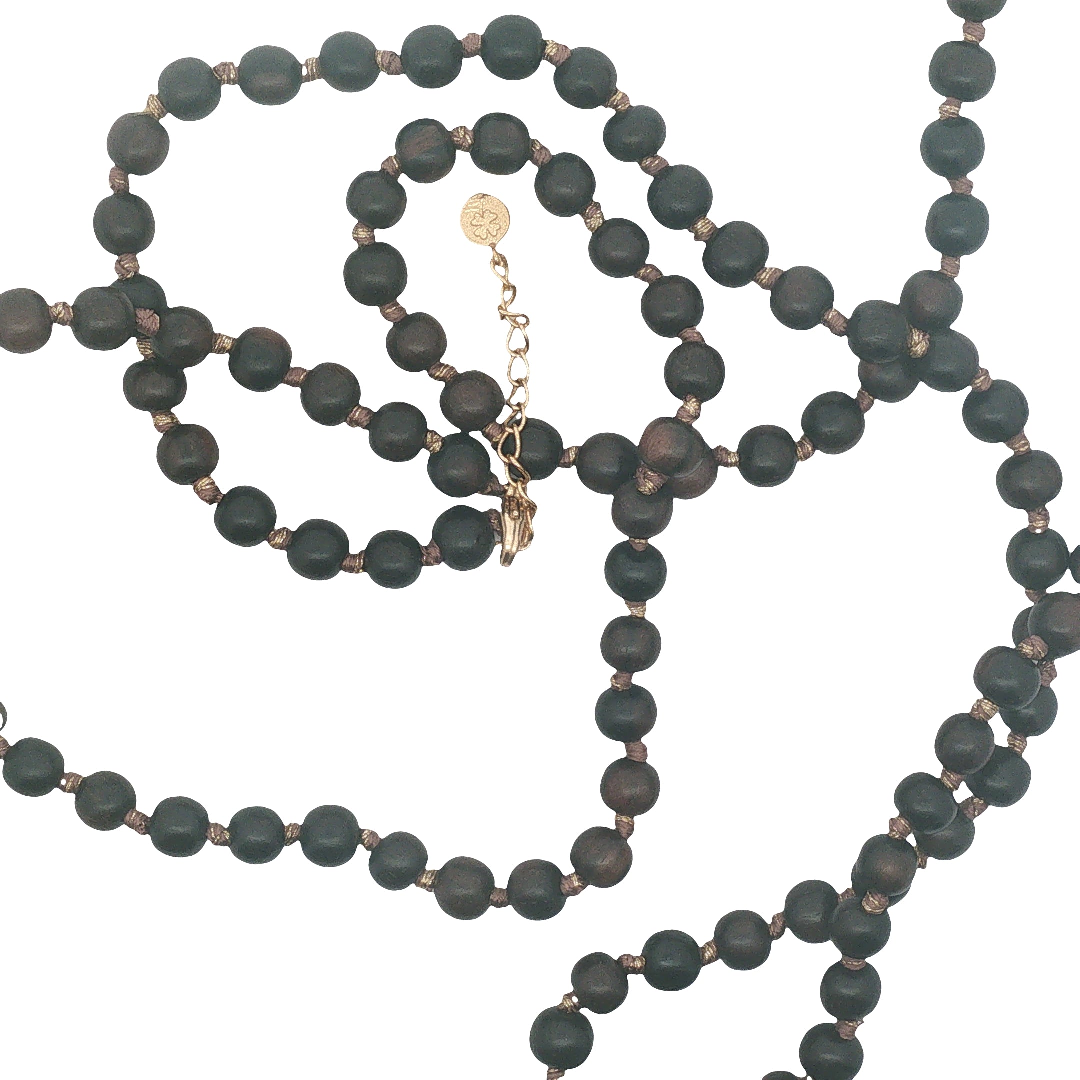 Collier doré perles en bois marron foncé 94 cm
