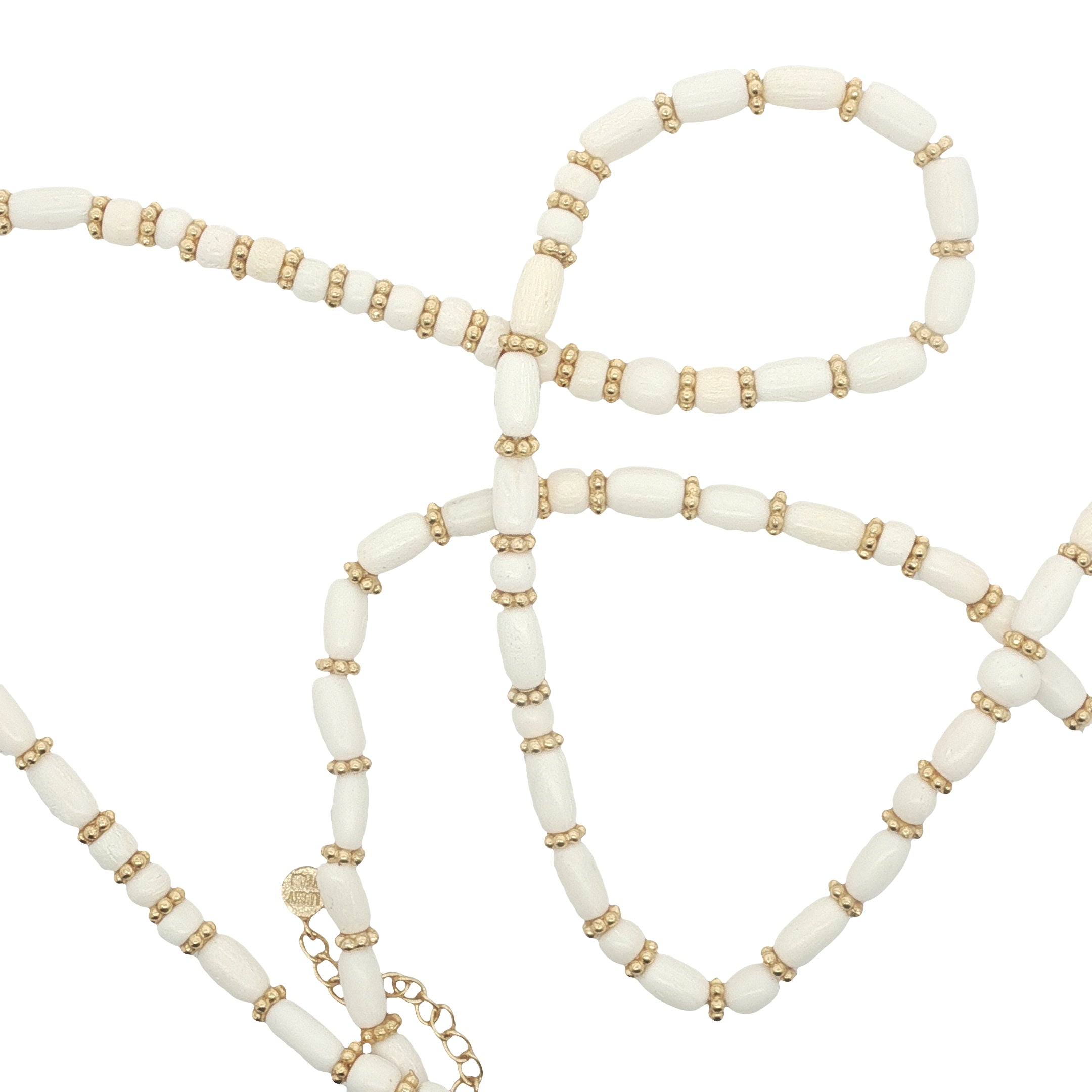 Collier doré perle en os et couronnes dorées 75 cm