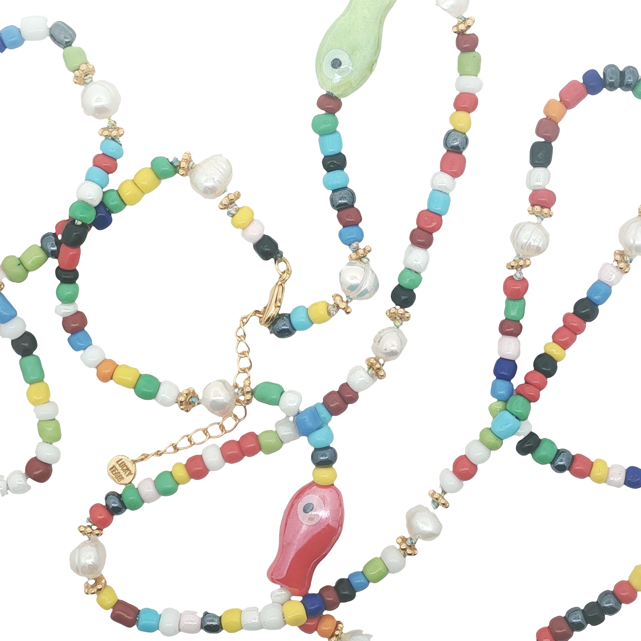 Collier doré perles et poissons colorés avec perles de culture 90 cm