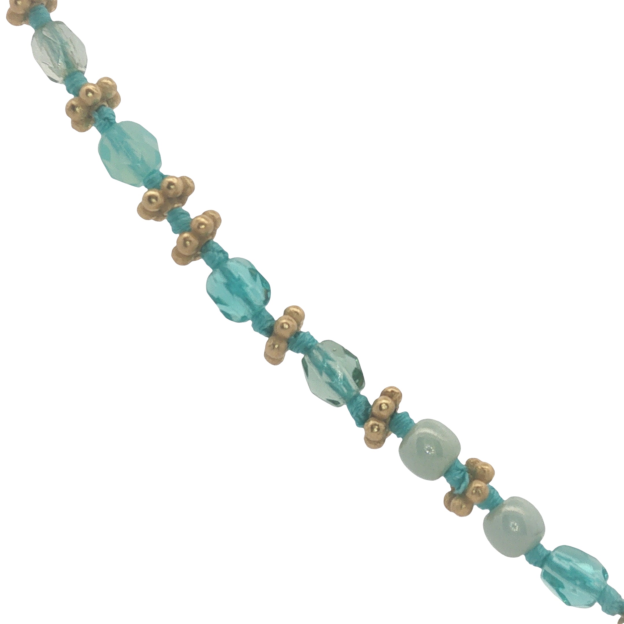 Collier doré perles turquoise, couronnes dorées et noeuds turquoise 42 cm