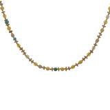 Collier doré perles jaunes et turquoise, couronnes dorées et noeuds jaunes 42 cm