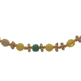Collier doré perles jaunes et turquoise, couronnes dorées et noeuds jaunes 42 cm