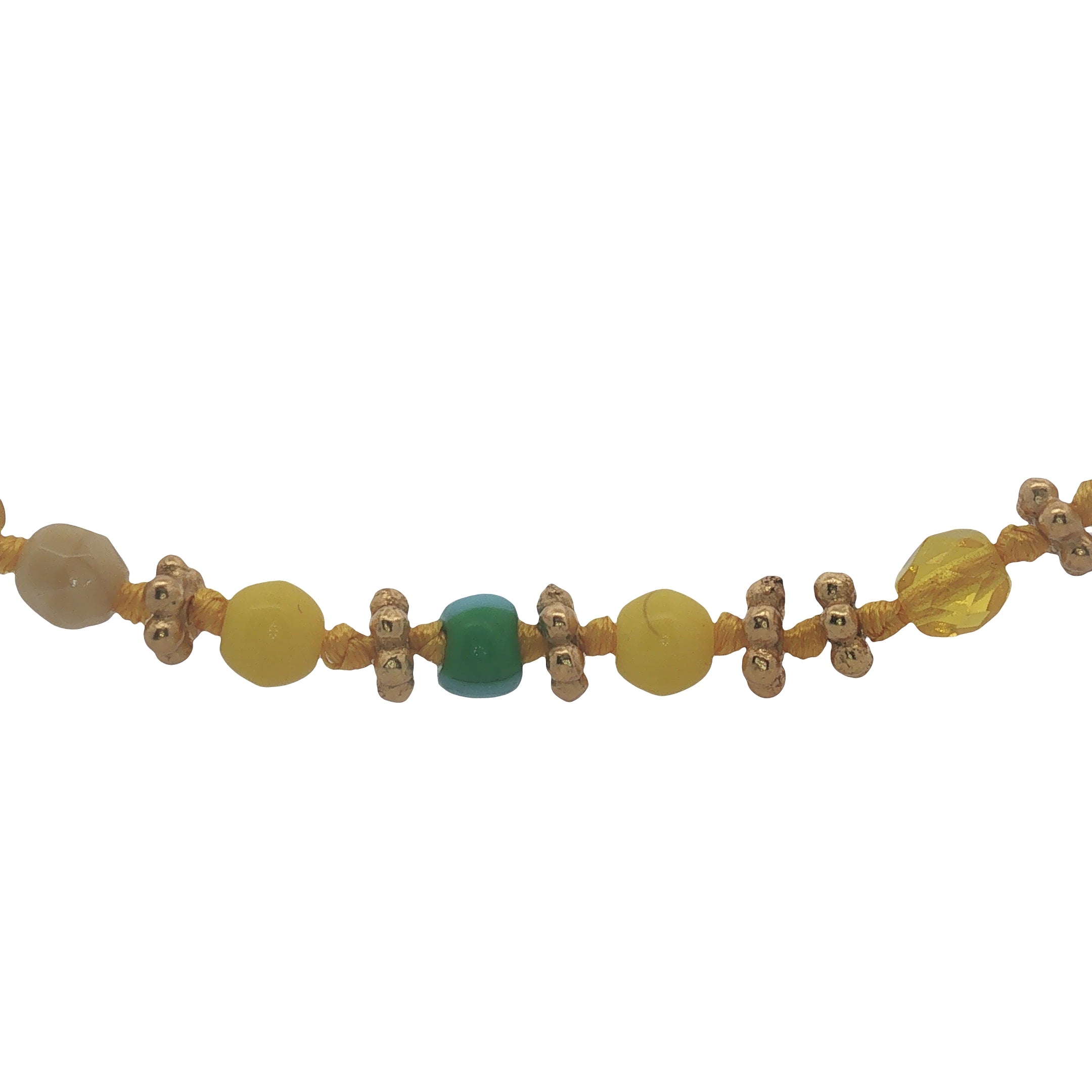 Collier doré perles jaunes et turquoise, couronnes dorées et noeuds jaunes 42 cm