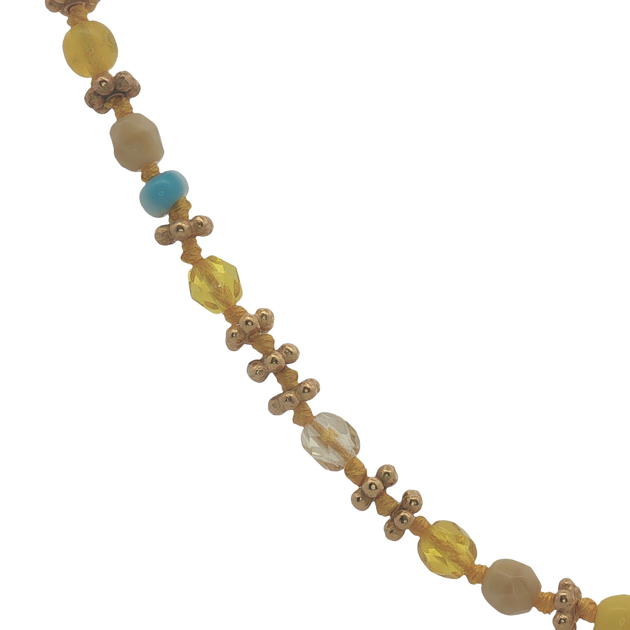 Collier doré perles jaunes et turquoise, couronnes dorées et noeuds jaunes 42 cm