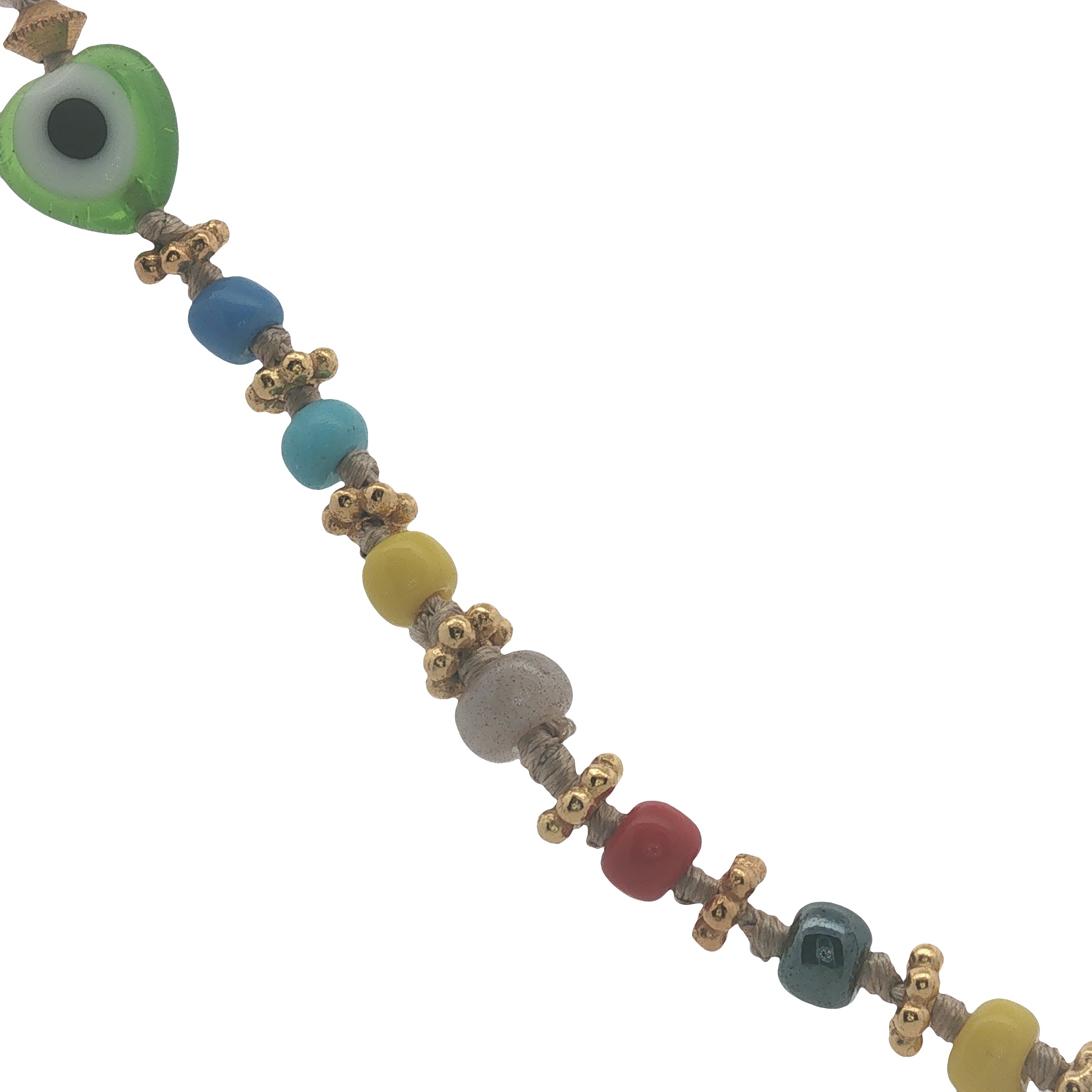 Collier doré perles colorées, perles oeil, couronnes dorées et noeuds beige 42 cm
