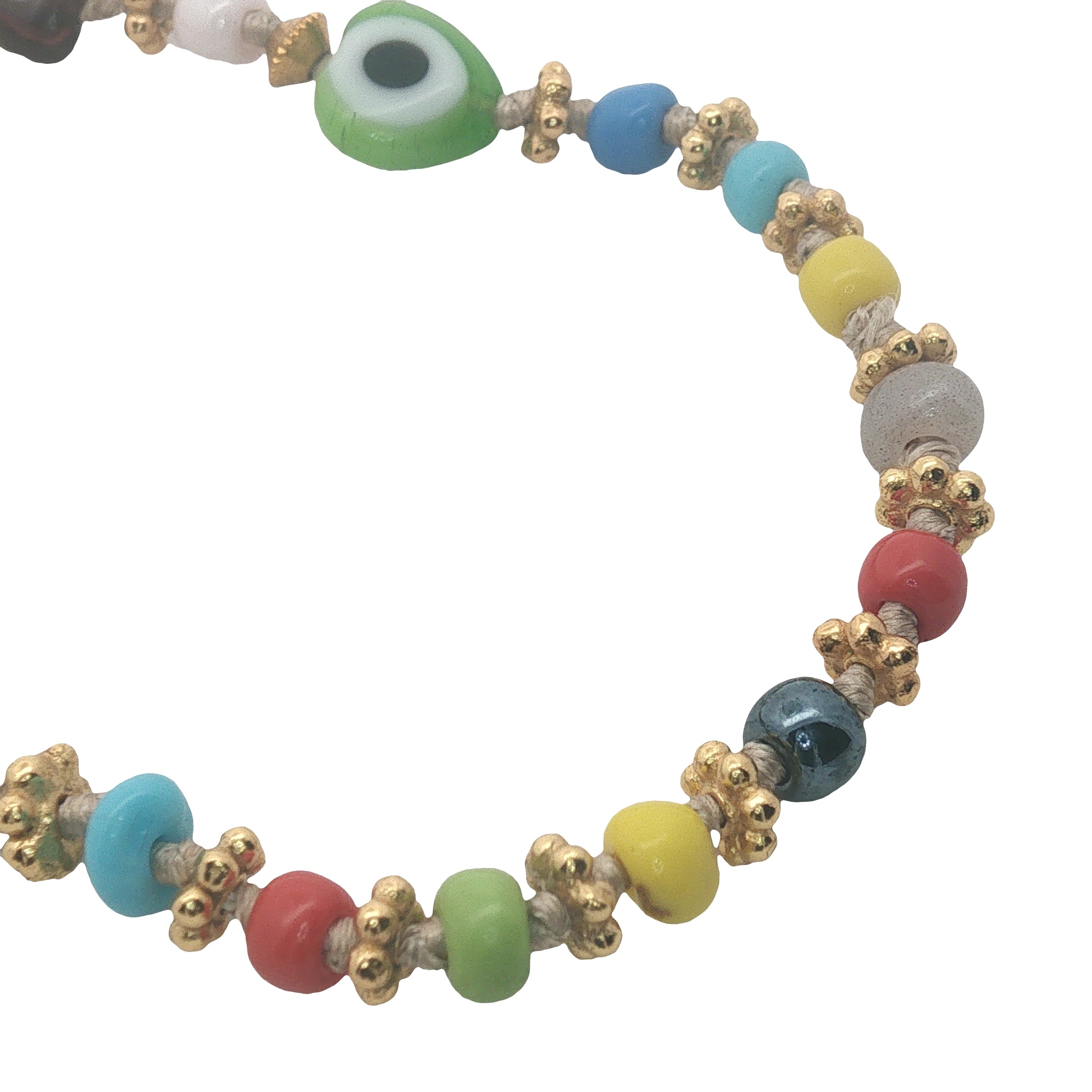 Collier doré perles colorées, perles oeil, couronnes dorées et noeuds beige 42 cm
