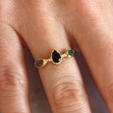 Bague trio gipsy labradorite onyx noire et onyx verte dorée