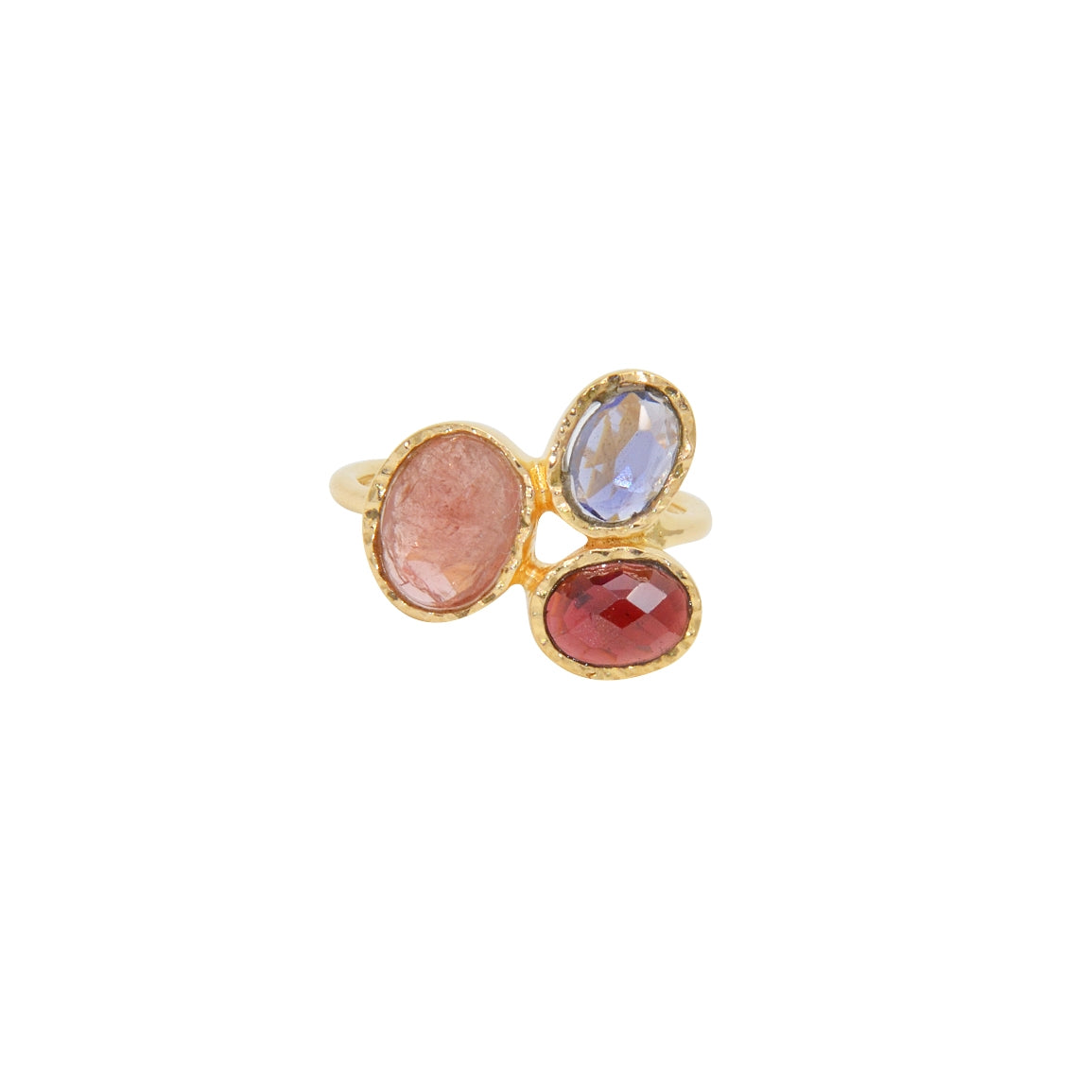 Bague dorée trio de pierres - 50 / GRENAT - IOLITE -