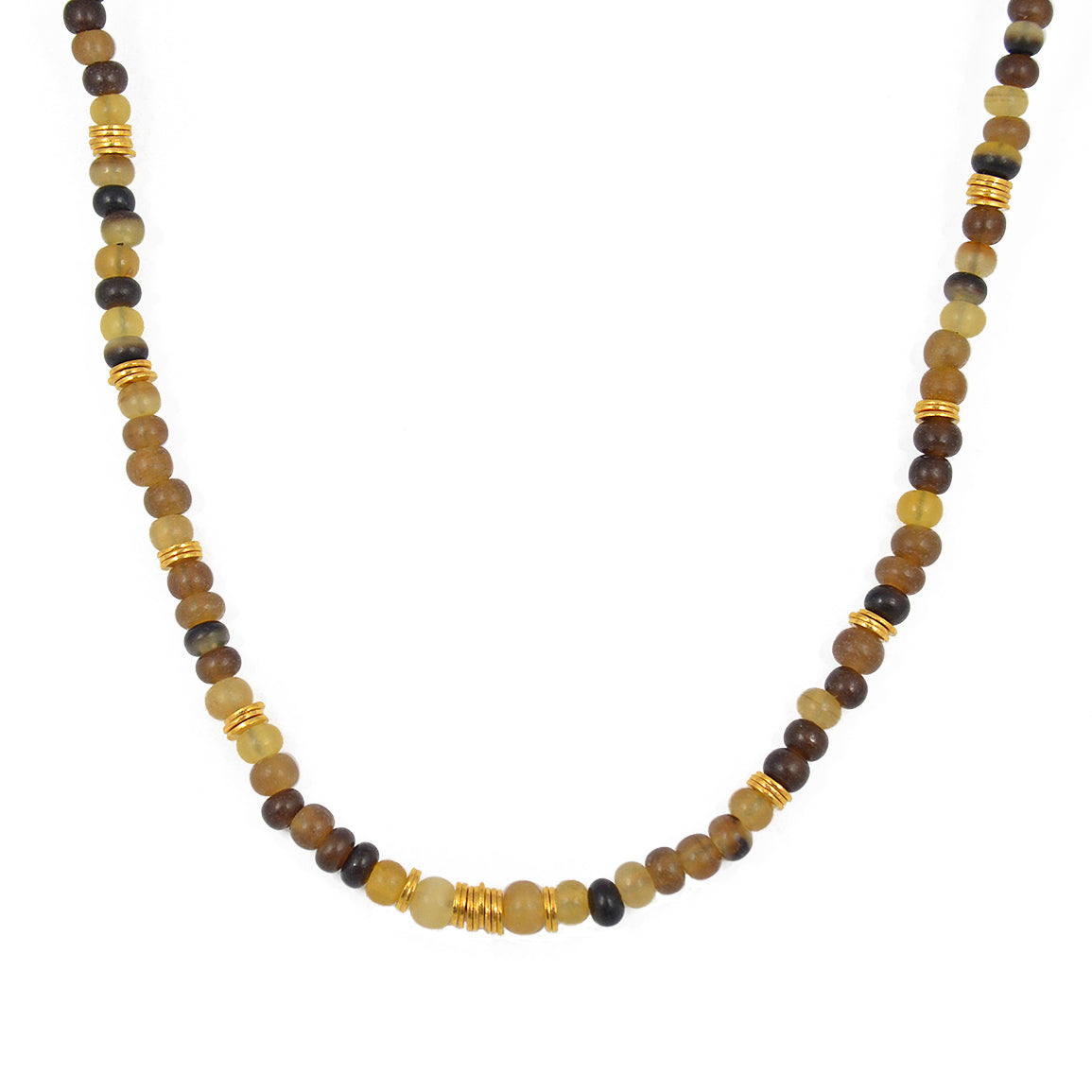 Collier perles corne et disques dorés