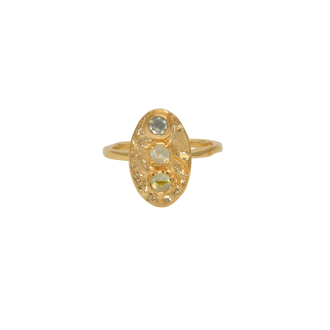 Bague dorée martelée ovale et trio de pierres - 50 /