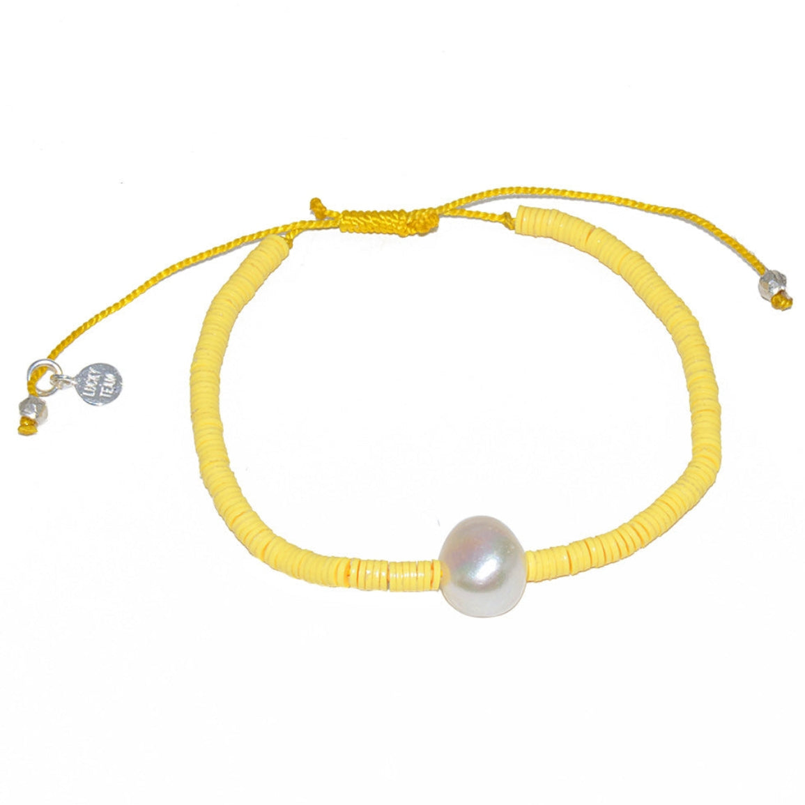 Bracelet vinyle jaune et perle de culture