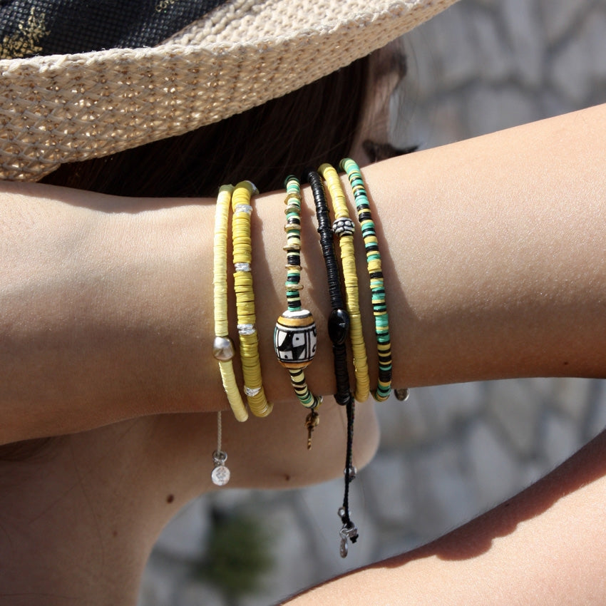 Bracelet vinyle jaune et perle bohà¨me argent 925