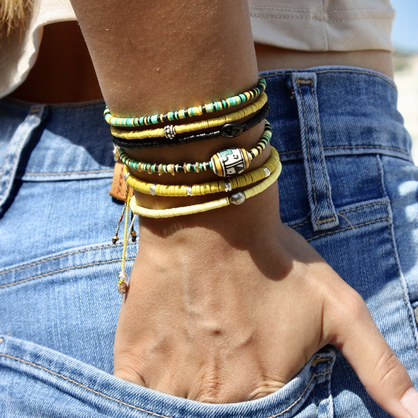 Bracelet vinyle jaune et perle bohà¨me argent 925