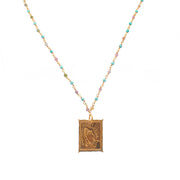 Sautoir doré pierres et plaque mains - TURQUOISE -