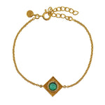 Bracelet doré carré pierre ronde et zircons - ONYX VERTE -