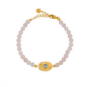 Bracelet doré pierres plaque ovale martelée - QUARTZ ROSE