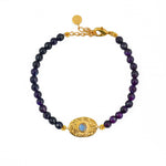 Bracelet doré pierres plaque ovale martelée - AGATE VIOLETTE