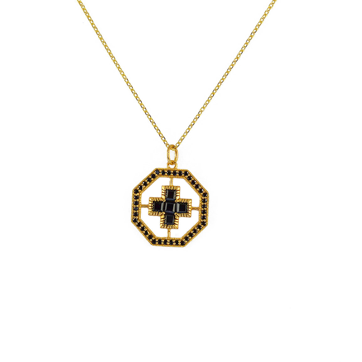 Collier doré croix carrée pierres et zircons - ONYX NOIRE