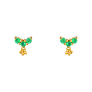 Boucles puces dorées 3 pierres et pampille - ONYX VERTE -