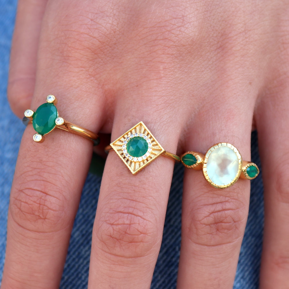 Bague dorée duo de pierres - 50 / ONYX VERTE & PREHNITE