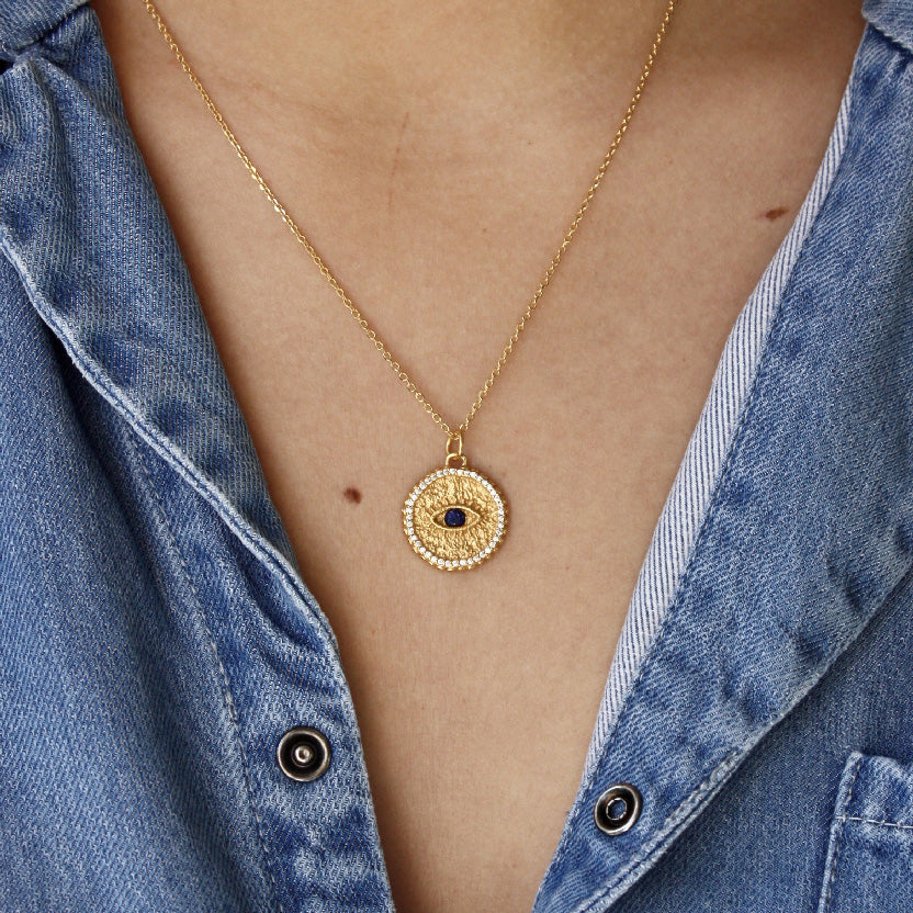 Collier doré médaille oeil pierre et zircons - LAPIS